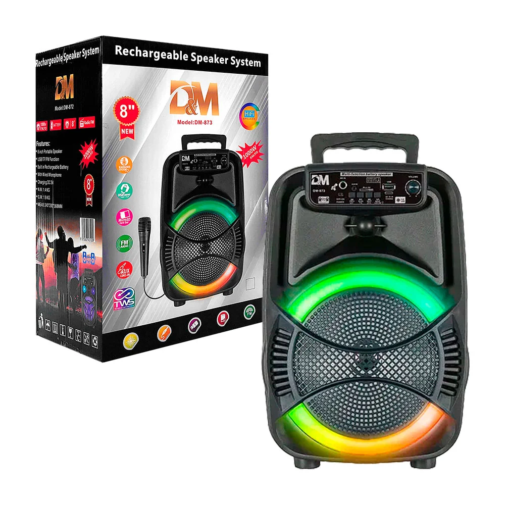 Bocina de 8 pulgadas recargable, bluetooth, con entrada usb, tf, auxiliar, luz led + microfono / dm-873 / D&M / 431092