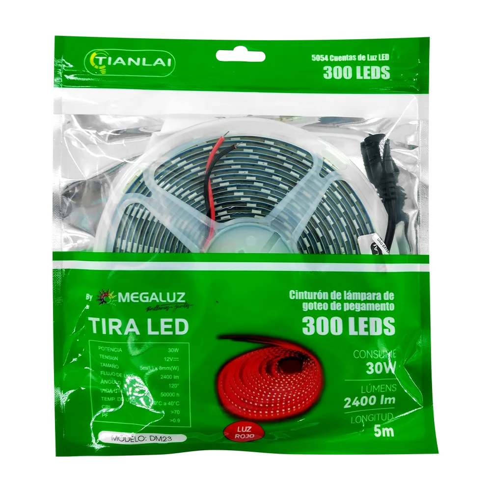 Tira de luz led tianlai de 5 metros con 2400 lúmenes y 300 leds en color rojo / dm23