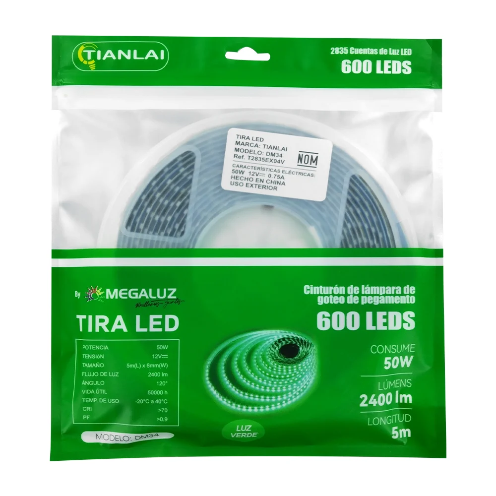 Tira de luz led tianlai de 5 metros con 2400 lúmenes y 600 leds en color verde / dm34