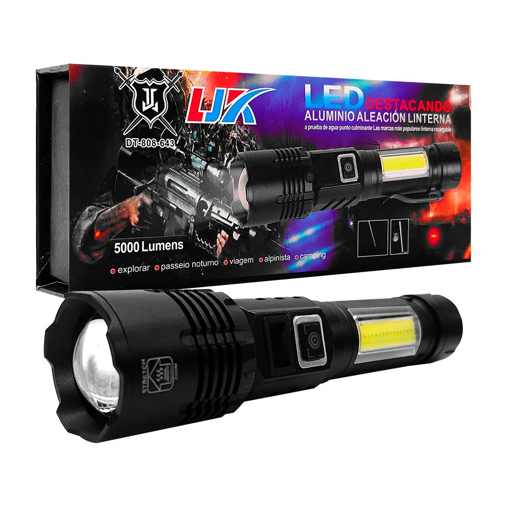 1pza Linterna de mano táctica, recargable, con apertura variable, luz lateral y 5 modos de iluminación, variedad de usos / 5000 lumens / ljk