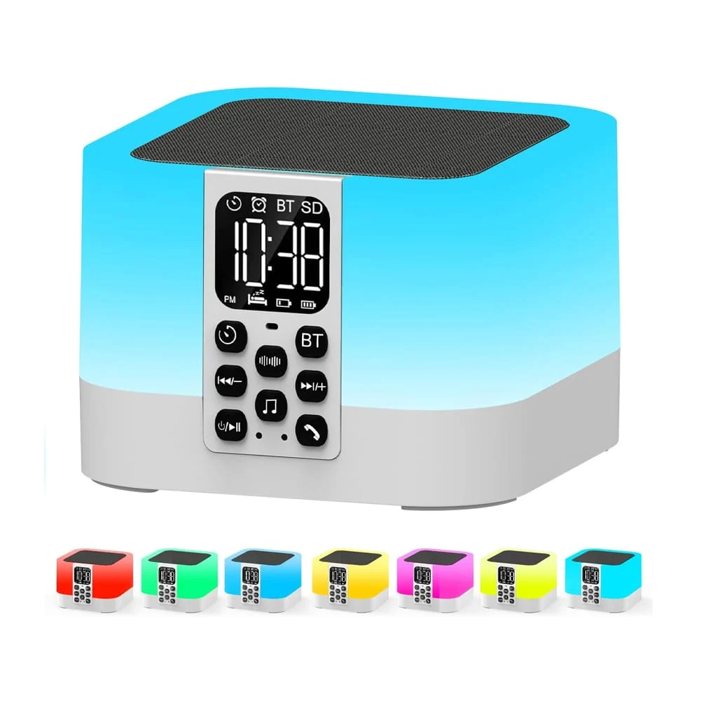 Bocina bluetooth cuadrada con reloj despertador, luz de noche intercambiable y canciones para dormir / bc118