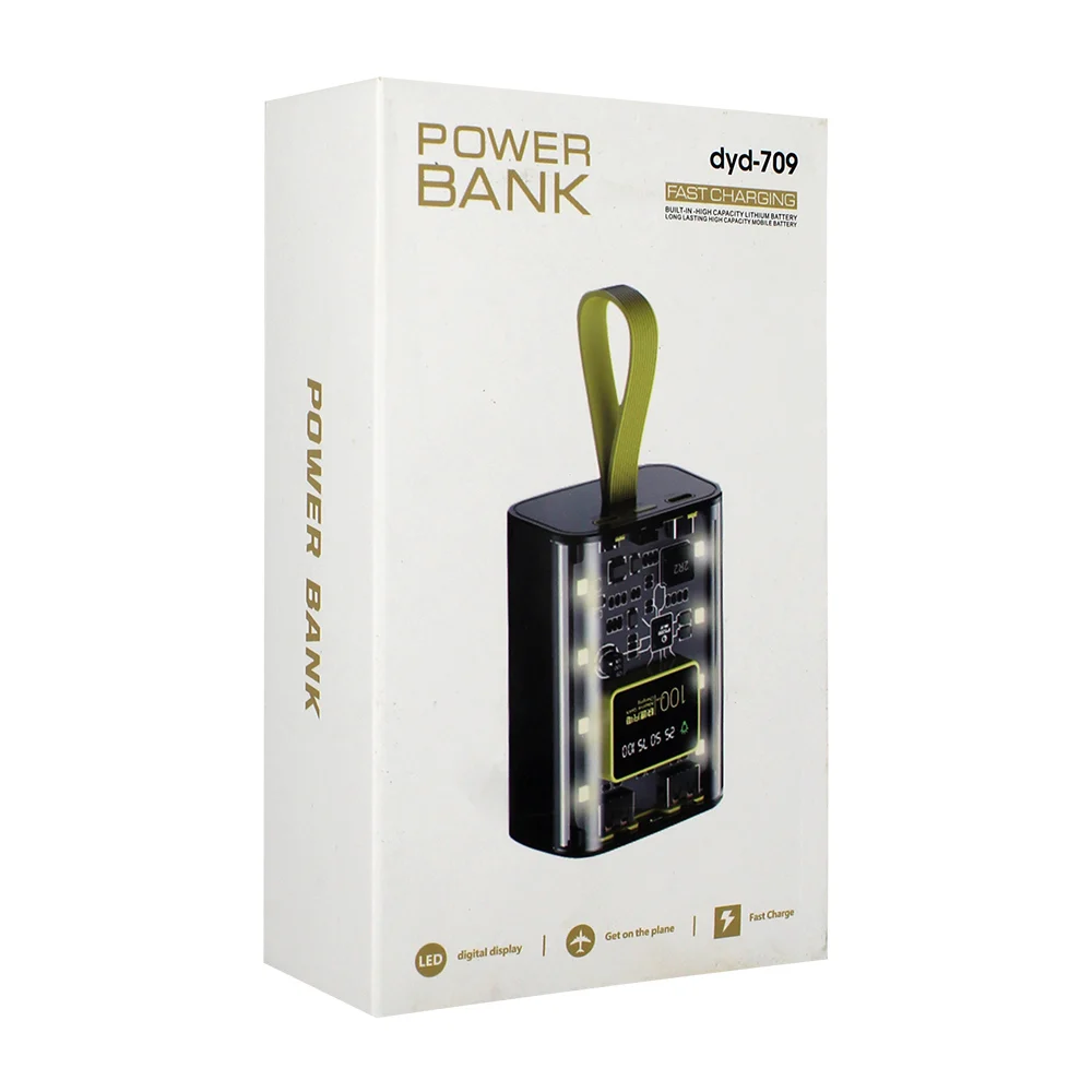 Power bank batería portátil transparente con 2 puertos usb, cables tipo c, v8 o lightning y capacidad de 10000mah, variedad de colores