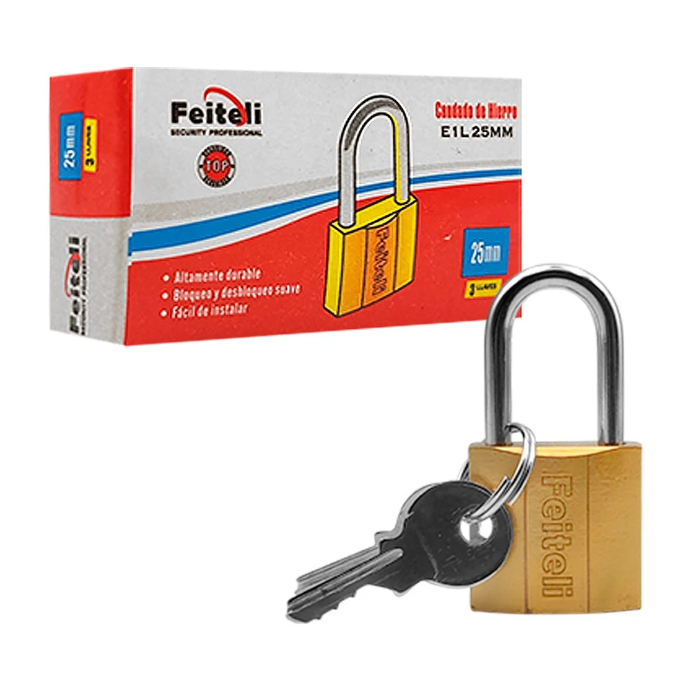 Candado feiteli de hierro, 25mm gancho alto, uso rudo resistente a la corrosión, mecanismo suave, nivel de seguridad básico + juego de llaves / e1l25mm / e1l25 / e1l-25