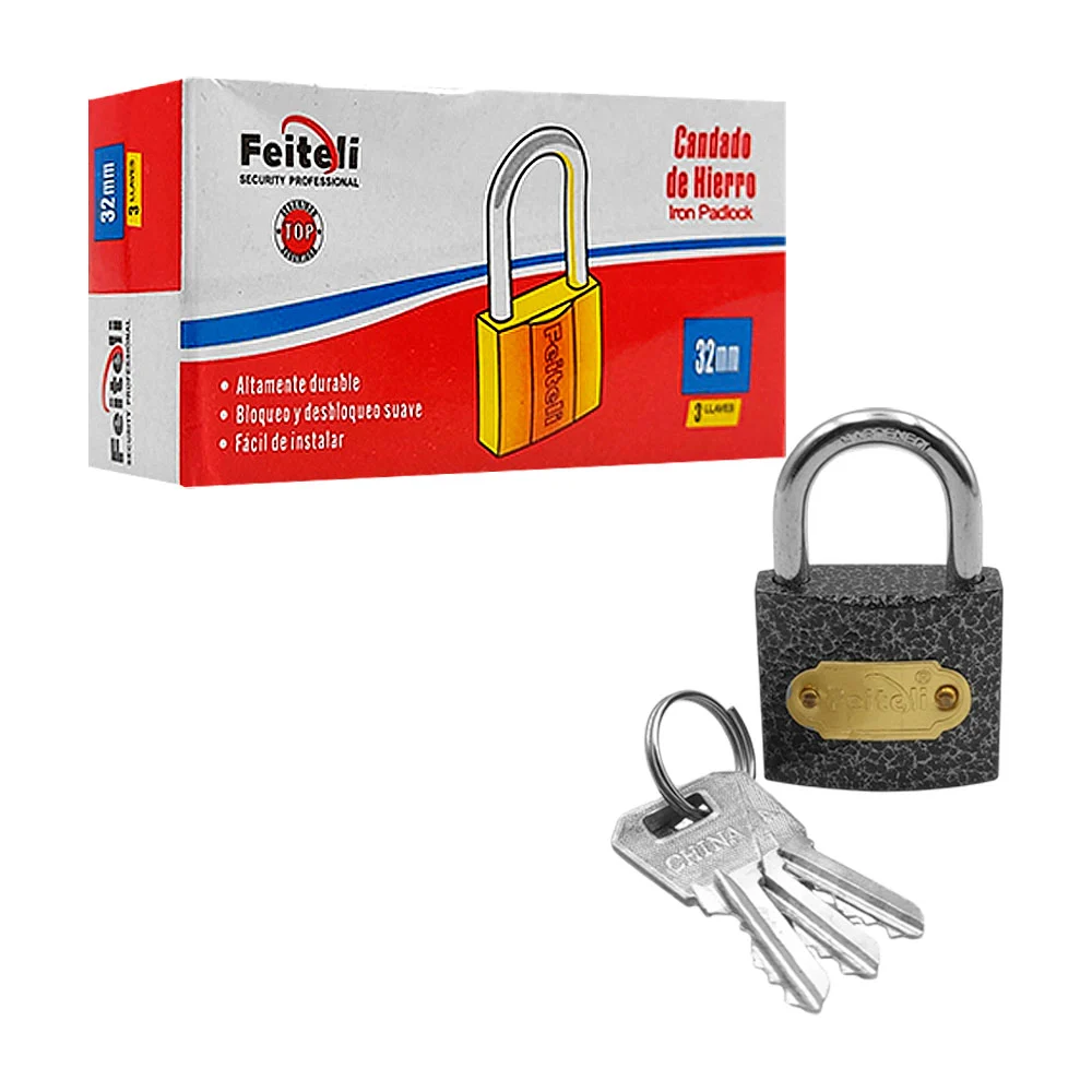 Candado mini de hierro, 32mm con gancho corto, resistente al corte, placa decorativa, texturizado + juego de llaves / candado 032 / e3-32 / e332