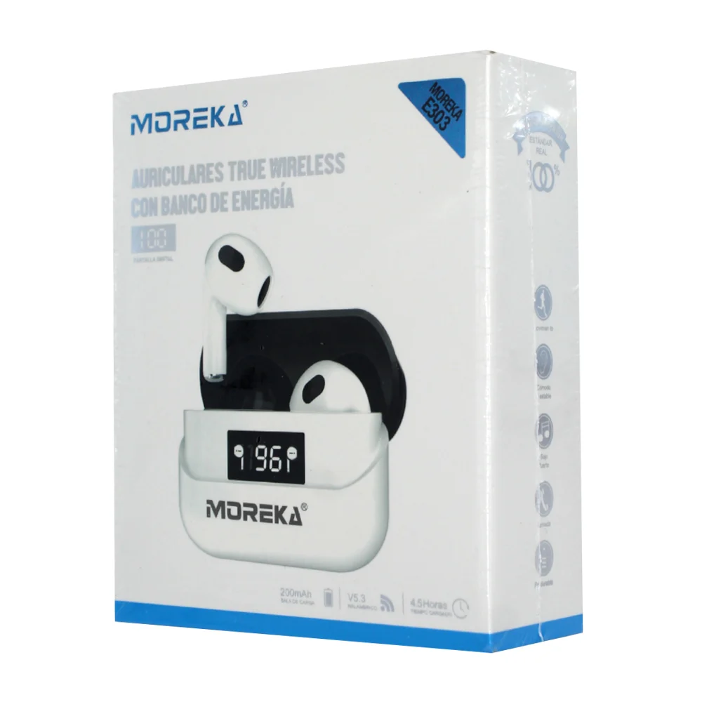 Audífonos inalámbricos tipo earphones con estuche de carga rectangular e indicador de batería led, variedad de colores / moreka-e303