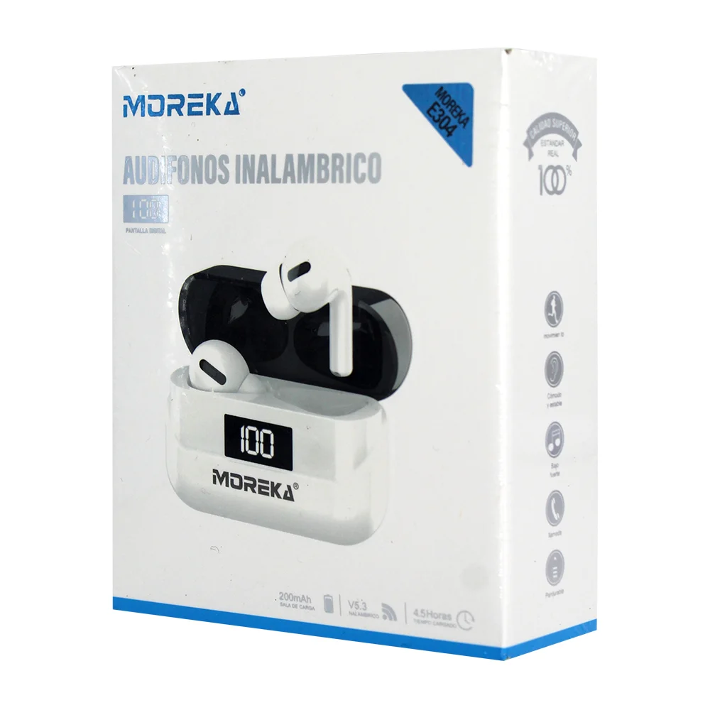 Audífonos inalámbricos moreka con almohadillas de silicona, indicador de carga led y estuche cargador bicolor / 200mah / moreka-e304