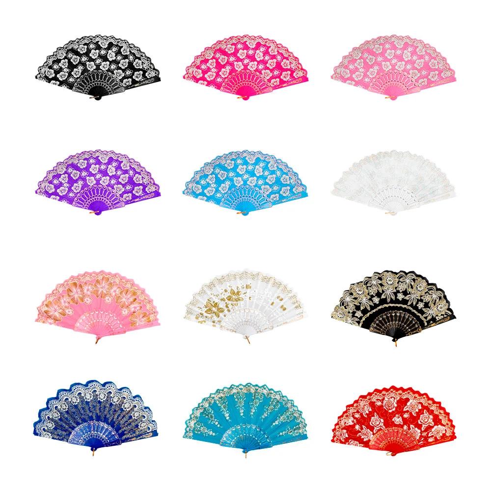 Abanico de plástico con flores diamantadas o con detalles dorados y detalles ranurados, variedad de colores y diseños / e5266 / e5215 / e5267