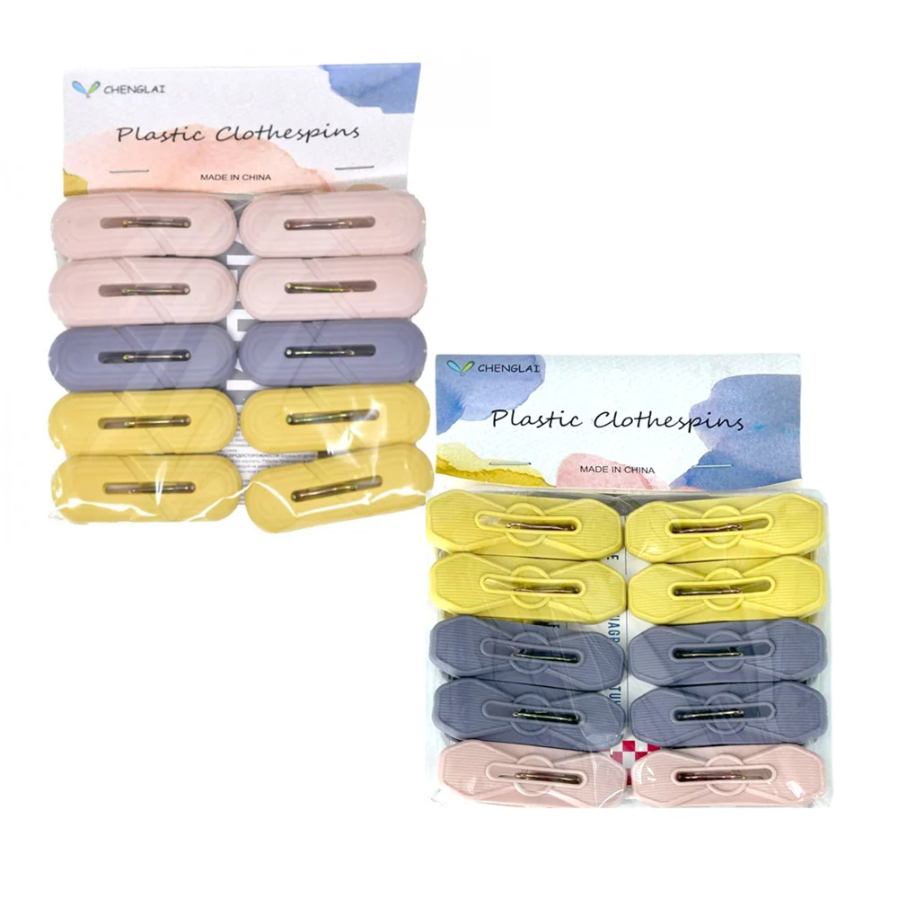 Paquete con 10 pinzas de plástico para tender ropa con diseño ovalado o ranurado, variedad de colores / plastic clothespins / e5353