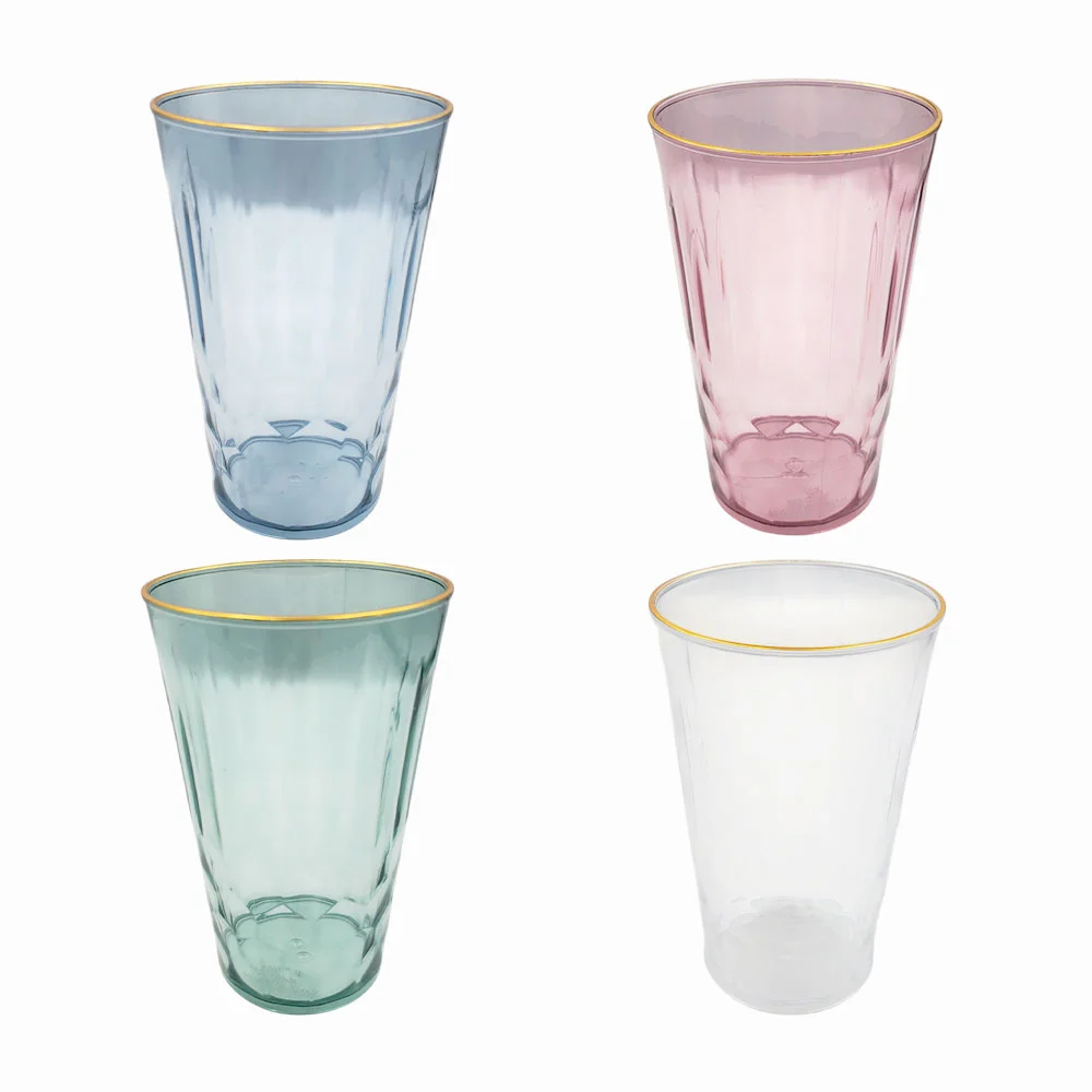 Paquete con 4 vasos de plástico, pequeños, traslucidos, con efecto y borde dorado, variedad de colores / e6423