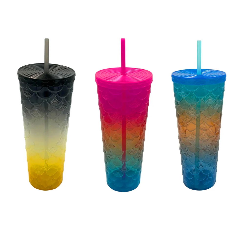 Vaso traslúcido tricolor de plástico con capacidad 1000ml, diseño de escamas y popote, 23cm, variedad de colores / e6449