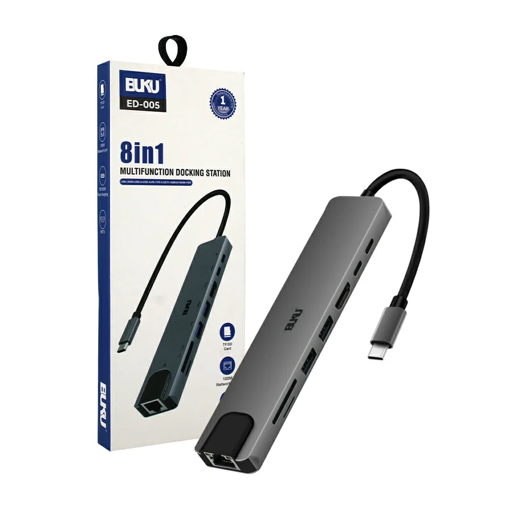 Hub buku 8 en 1 con entrada tipo c y puertos usb, tipo c, hdmi, ethernet y memoria sd tf / ed-005