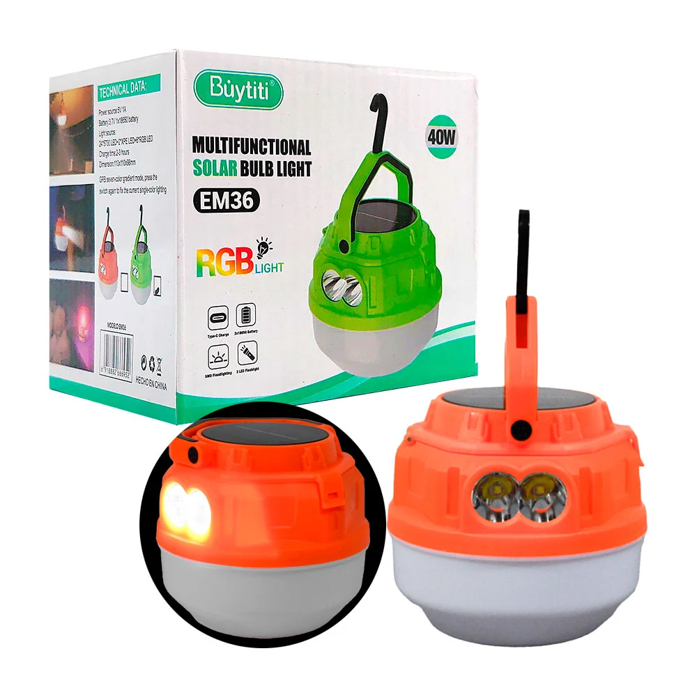 1pza Lámpara / foco de camping, recargable, con panel solar, asa agarradera, gancho colgante y 4 modos de iluminación, variedad de funciones / buytiti / 40w / solar bulb light