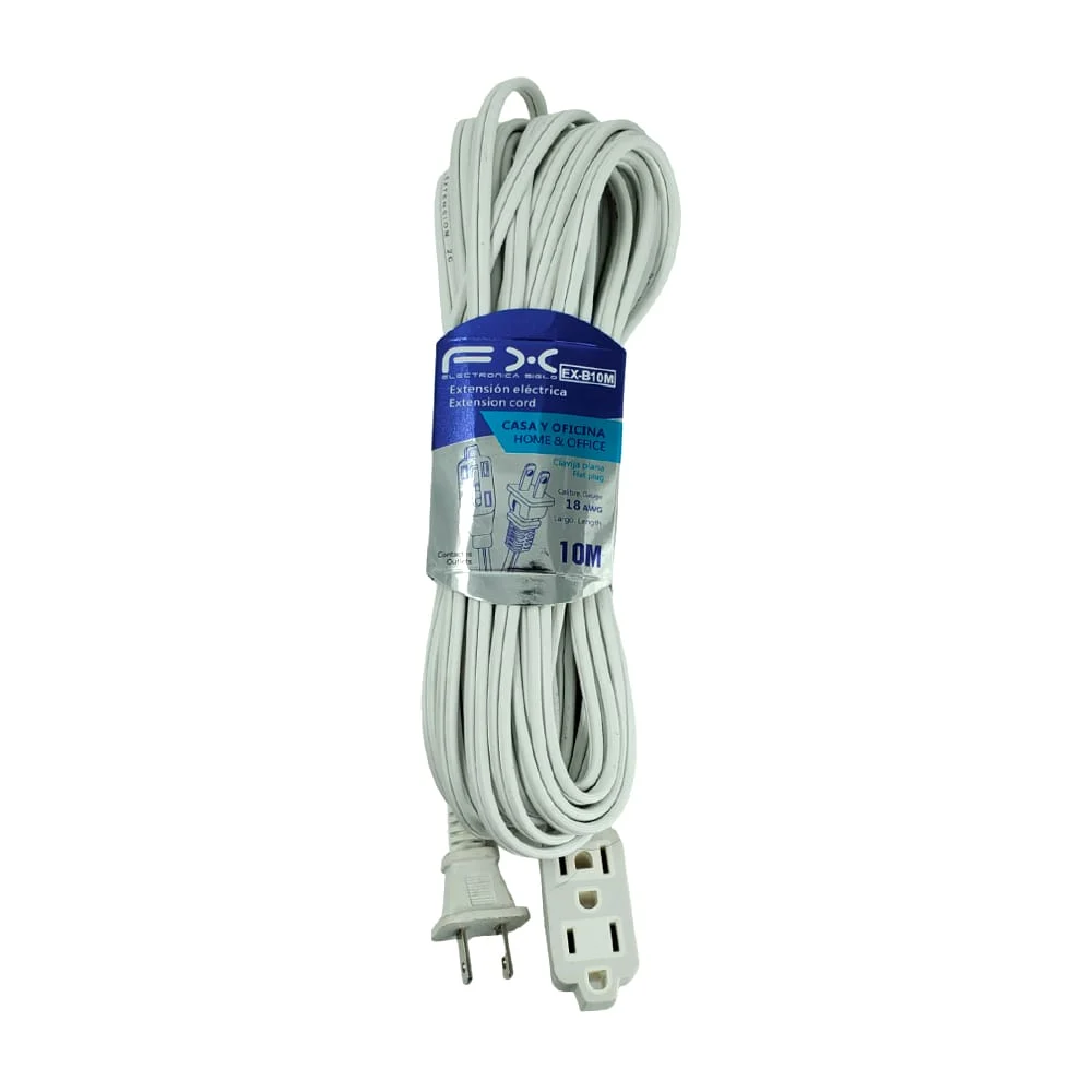 Extensión eléctrica blanca de clavija plana con longitud de 10mtrs y 3 multicontactos 18awg 127v / fx / ex-b10m