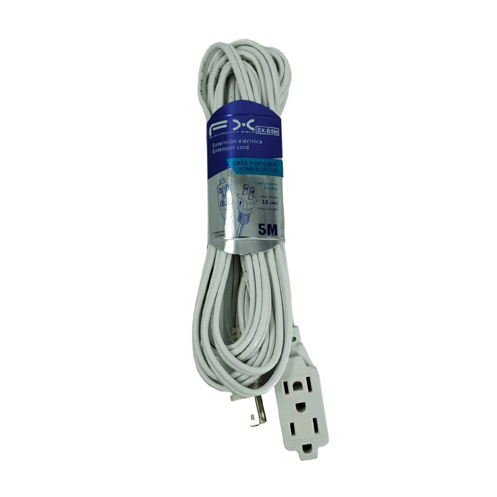Extensión eléctrica blanca domestica con longitud de 5m, clavija plana y 3 contactos, 18 awg, 127v, 60hz / fx / ex-b5m