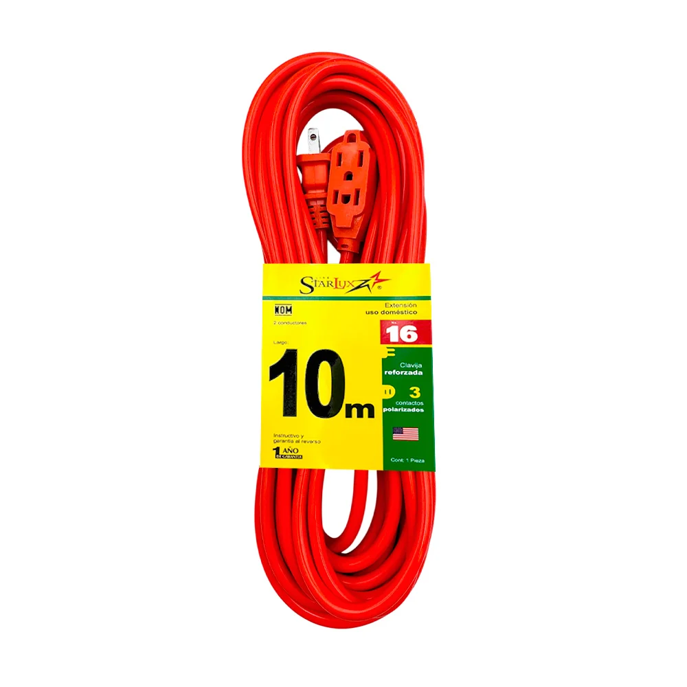 Extensión starlux naranja uso rudo de 10 metros con 3 contactos / stp-2 / extn10