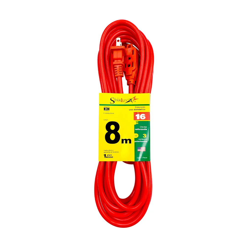 Extensión starlux naranja uso rudo de 8 metros con 3 contactos / stp-2 / extn8