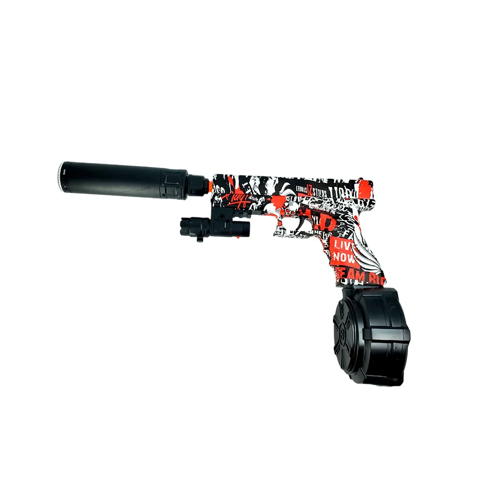 Pistola de hidrogel tipo glock eléctrica y manual con diseño graffiti rojo y blanco de calaveras + accesorios / f1807b