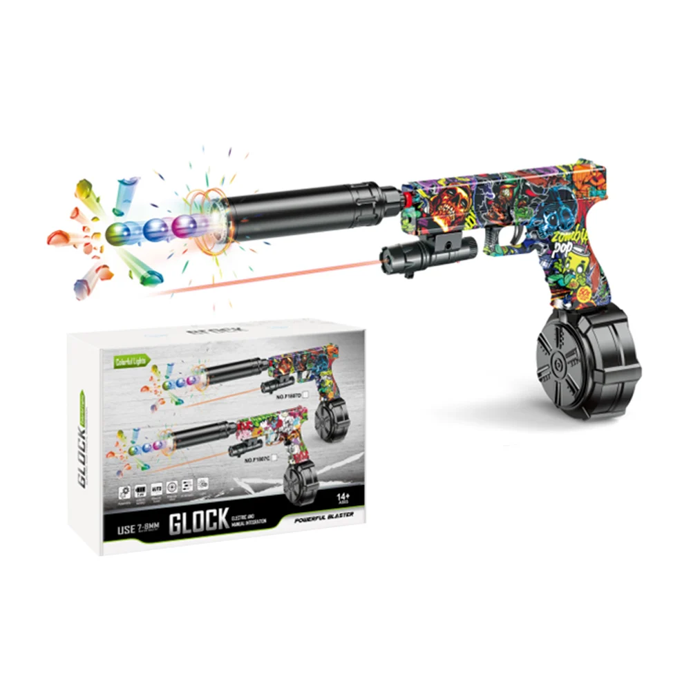 Pistola de juguete glock eléctrica y manual de hidrogel 7-8mm con accesorios, diseño de grafiti con calaveras / f1807d