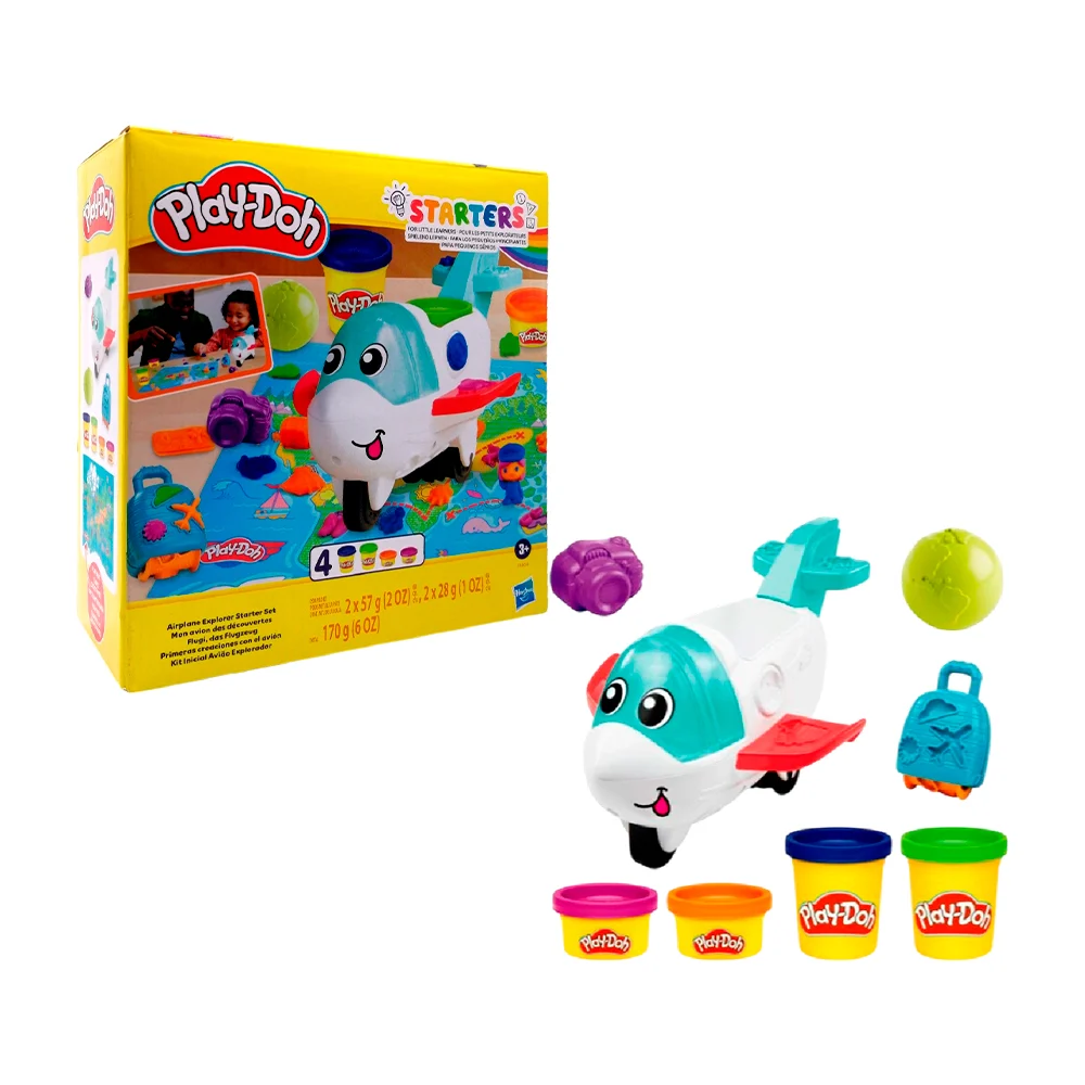 Set con 4 masas moldeables play-doh + avión, mapa y accesorios 170g, variedad de colores / starters