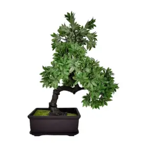 Maceta rectangular decorativa con pasto y árbol pequeño tipo cannabis…