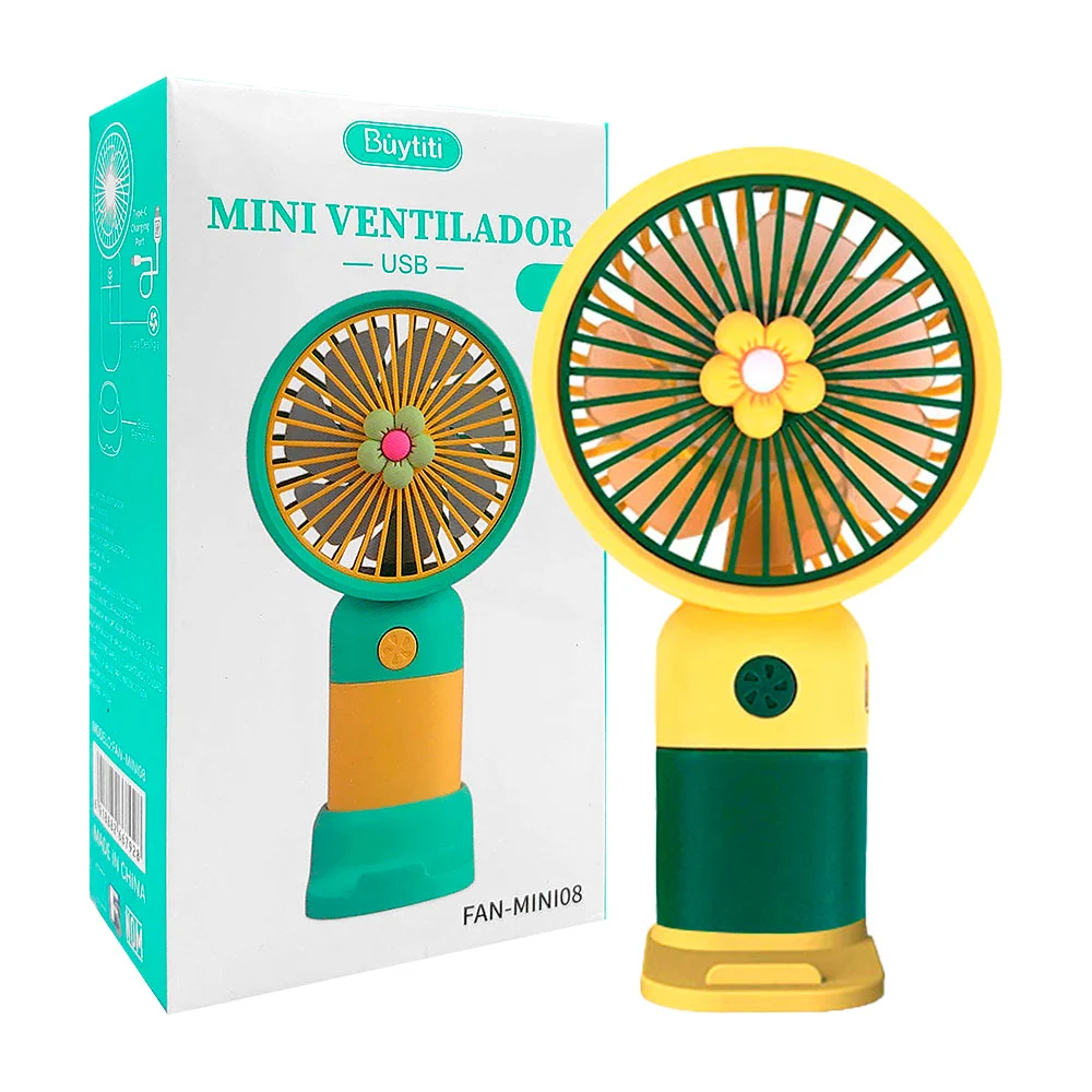 Mini ventilador de mano recargable buytiti con figura decorativa y base con soporte para celular, variedad de colores / fan-mini08