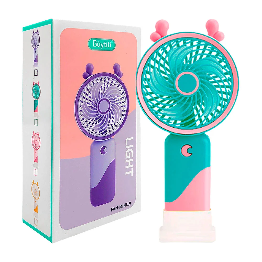 Mini ventilador de mano recargable buytiti con orejas y base con soporte para celular, variedad de colores / fan-mini19