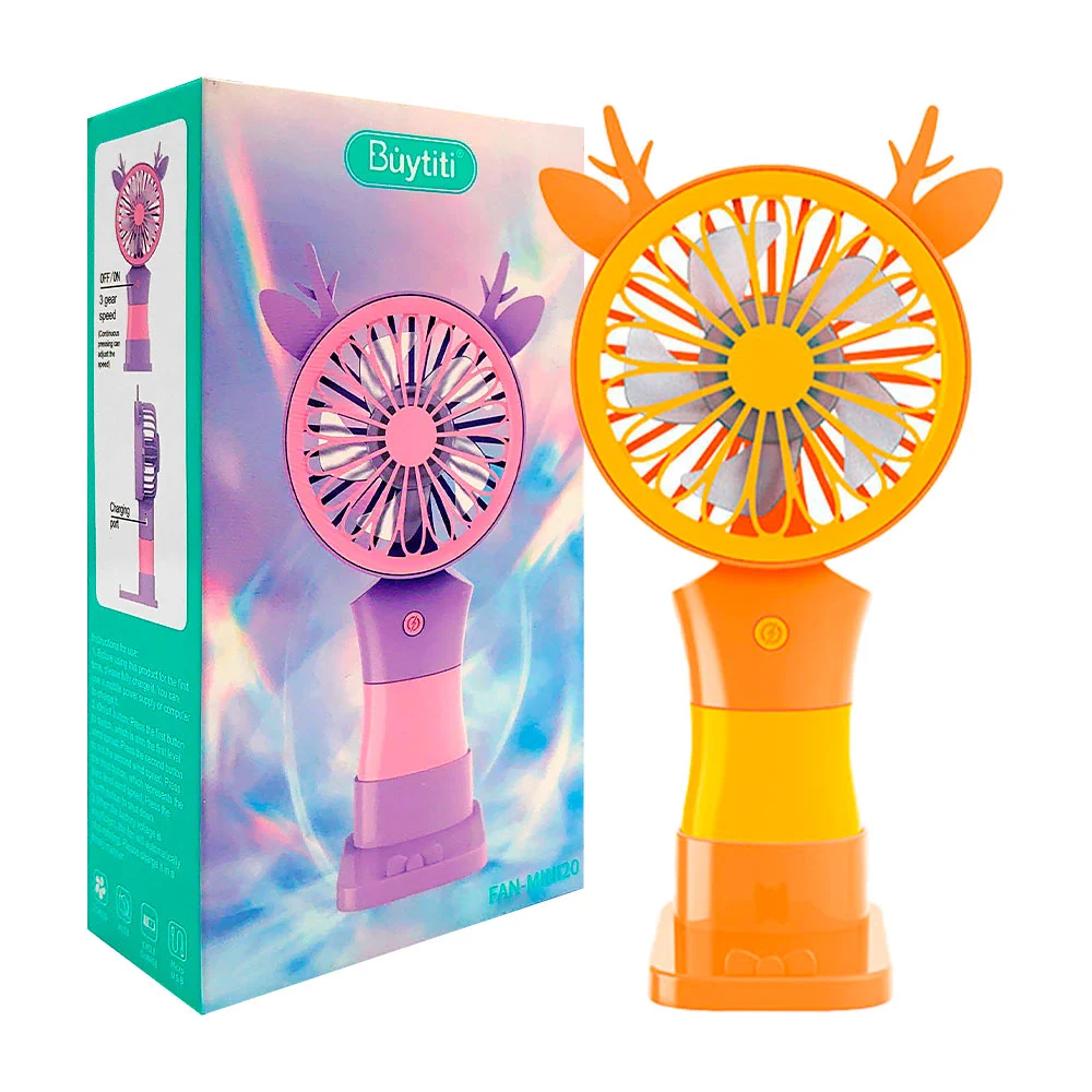 Ventilador de mano recargable buytiti con orejas, cuernos y base con soporte para celular / fan-mini20