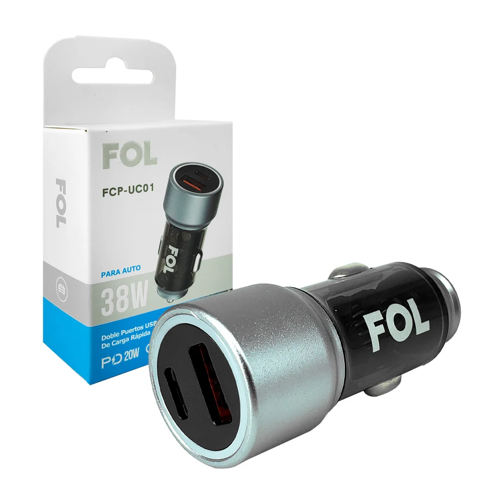Plug cargador fol circular con puerto usb y tipo c de carga rápida 3.0a, para automóvil / fcp-uc01