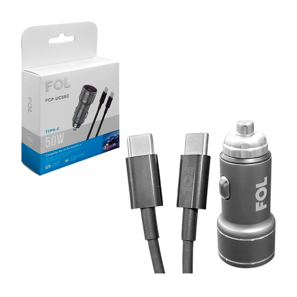 Cargador metálico fol para coche con puerto usb - tipo c y cable tipo c a tipo c, 50w / fcp-uc05c