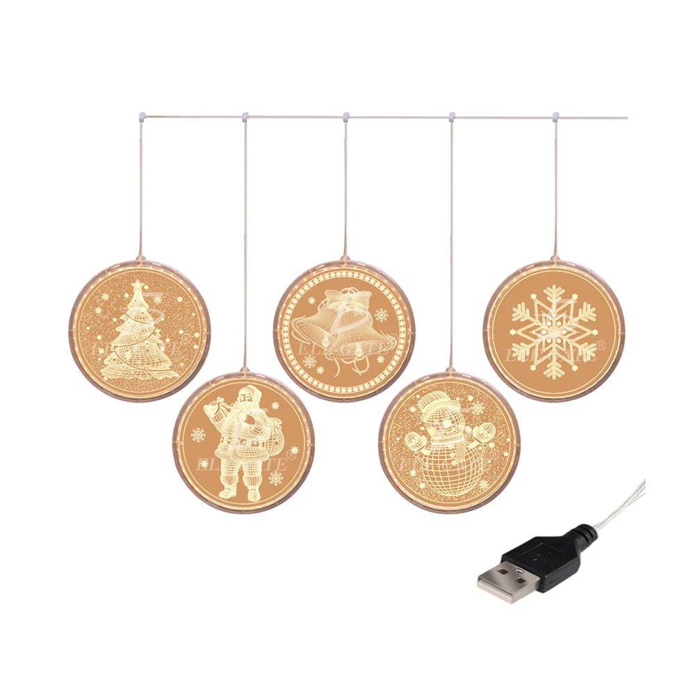 Serie led usb de 5 aros transparentes con estampado de figuras navideñas para exteriores e interiores / fes.103