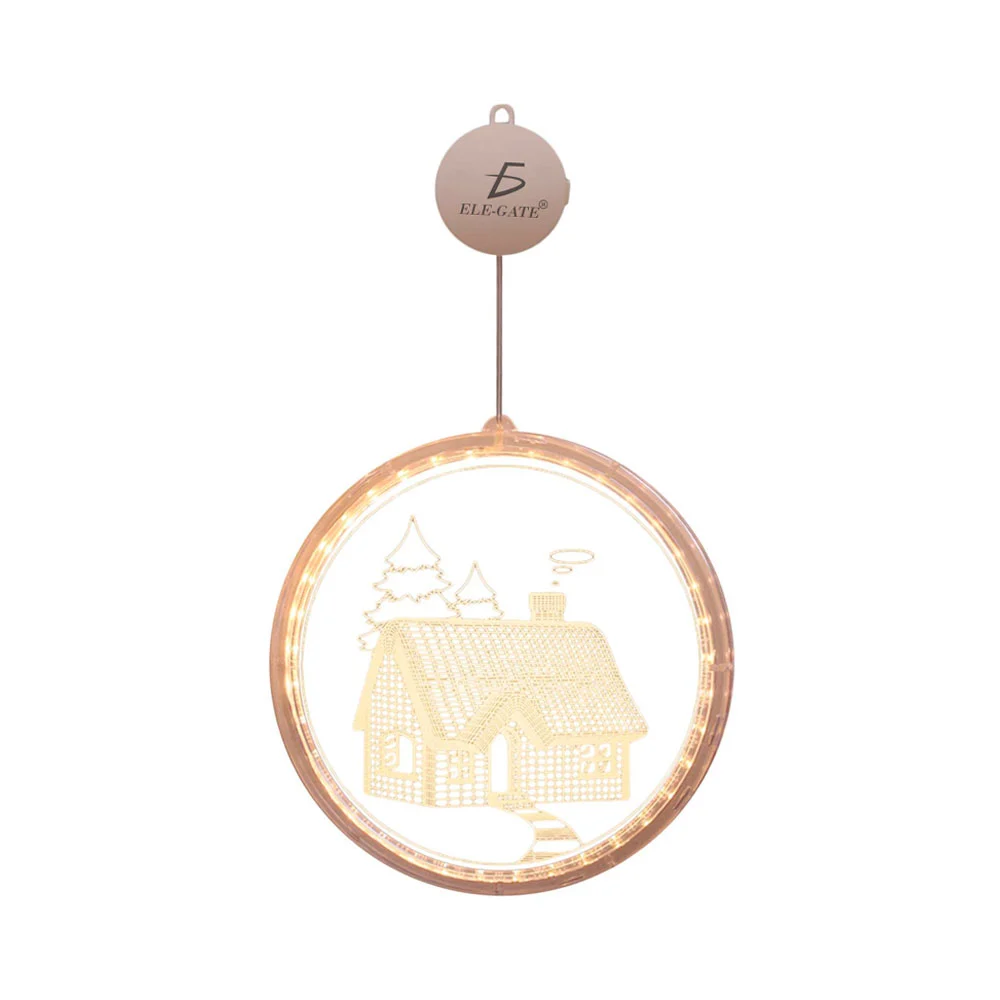 1pza Luz redonda de acrílico colgante navideña con estampado de casita + ventosa, 16cm - 40.5cm / fes.113