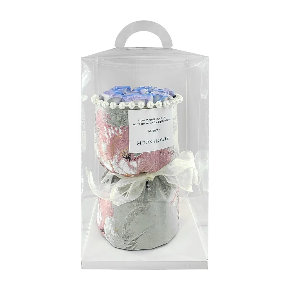 Ramo de 8 rosas bicolor artificiales, con base en forma de copa, decorada con perlas y listón / moon flower / fes.19
