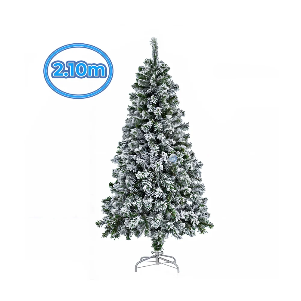 Pino / árbol de navidad artificial verde con efecto nevado y base metálica, 2.10cm / fes.21.210cm