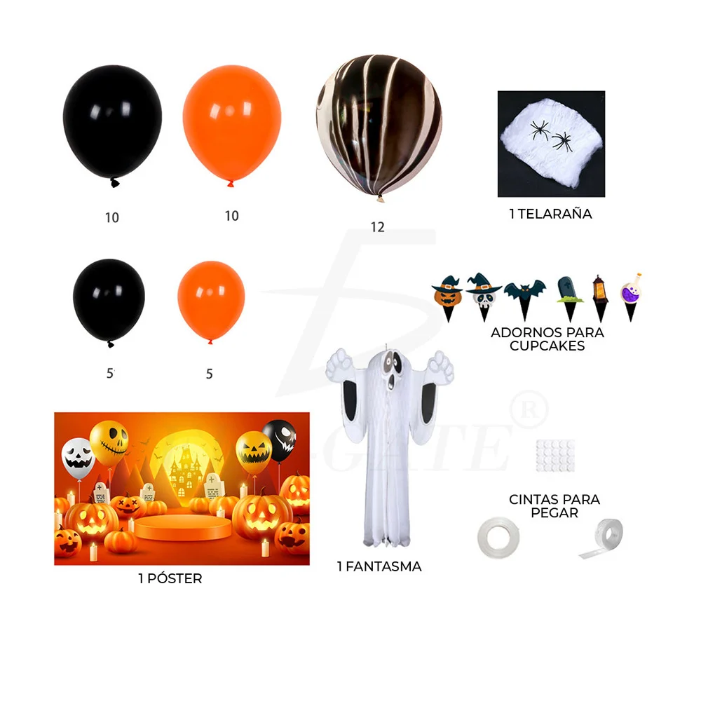 Kit de decoración para fiesta de halloween con variedad de globos, telaraña y adornos móviles