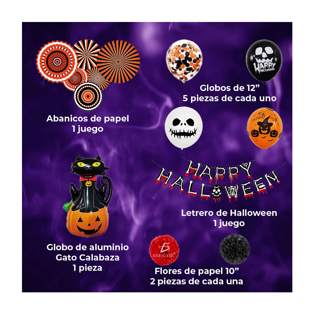 Kit de decoración para fiesta de halloween con variedad de globos, adornos móviles y adornos de papel