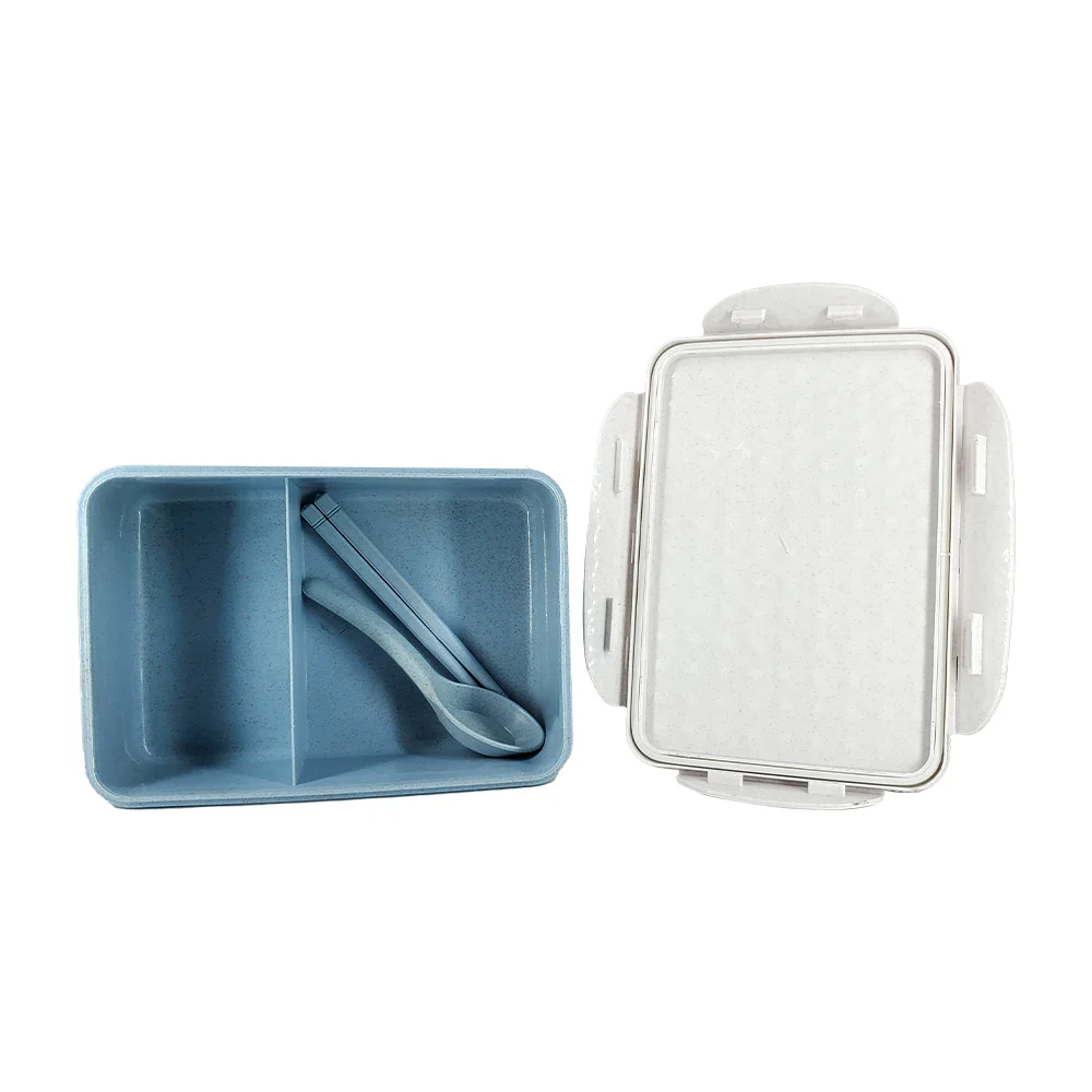 Tupper rectangular mediano de plástico con 2 compartimentos y cubiertos, variedad de colores / 6155