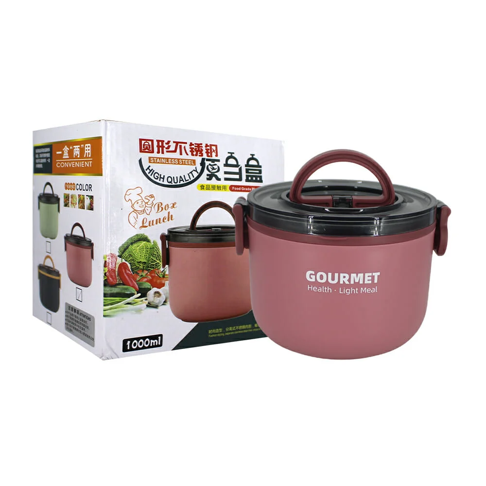 Tupper redondo de plástico con tazon de acero inoxidable extraíble y cuchara, capacidad de 1000ml, variedad de colores / lunch box / fh204