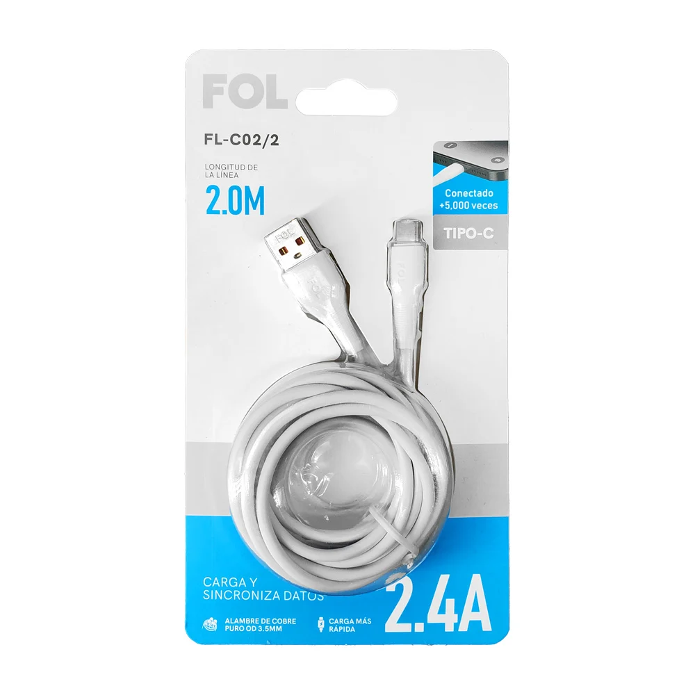 Cable reforzado fol de 2m con entrada usb a tipo c para carga y sincronización de datos, 2.4a / fl-c02/2