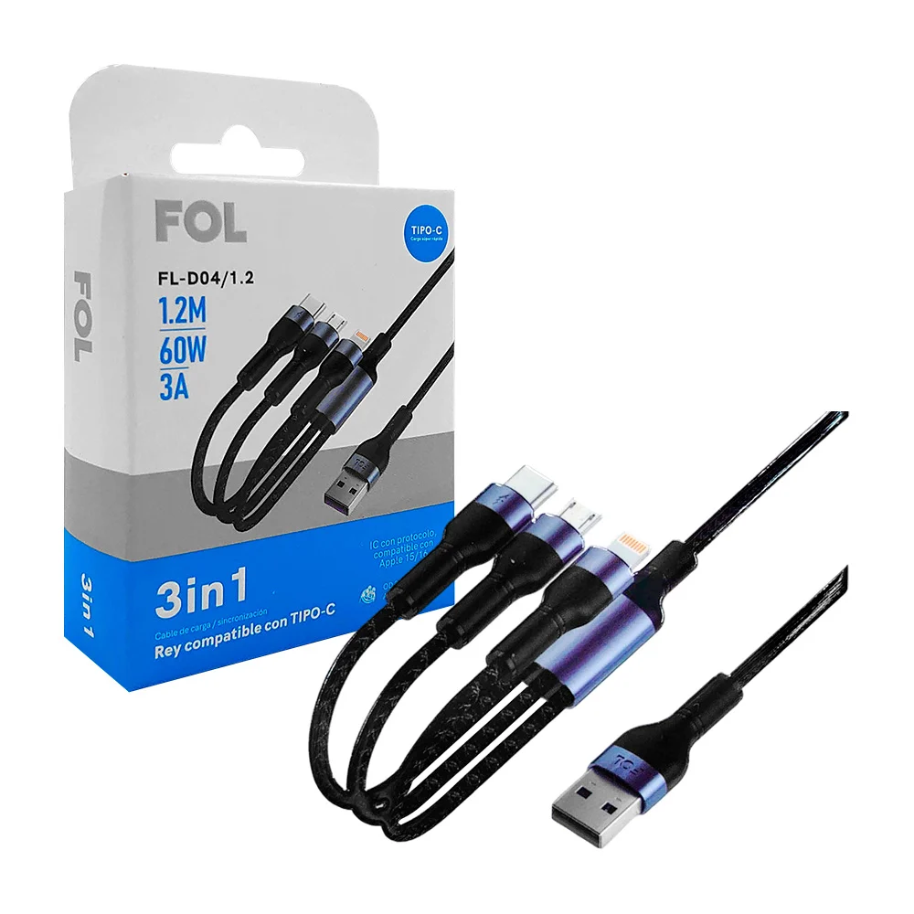 Cable tipo pulpo reforzado con entrada tipo C, V8 y lightning, para carga y transferencia de datos / fl-d04/1.2
