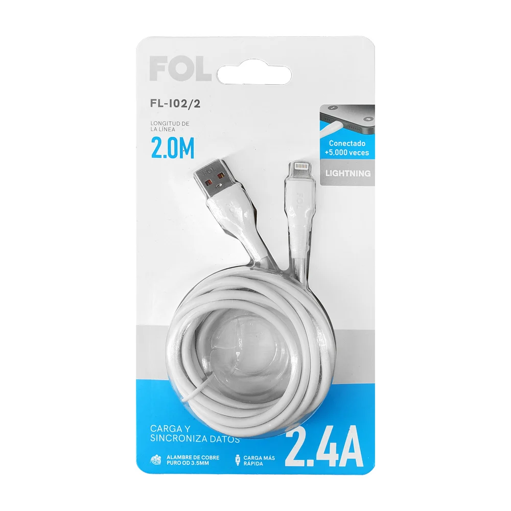 Cable reforzado fol de 2m con entrada usb a lightning para carga y sincronización de datos, 2.4a / fl-i02/2