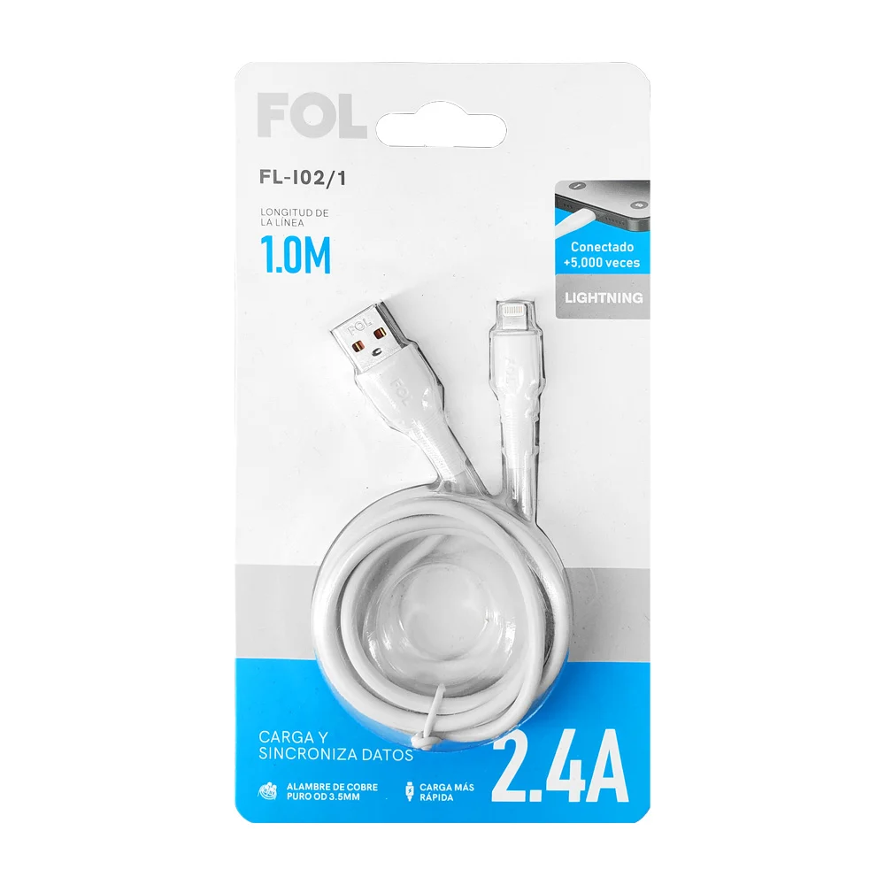 Cable reforzado fol de 1m con entrada usb a lightning para carga y sincronización de datos, 2.4a / fl-i02/1