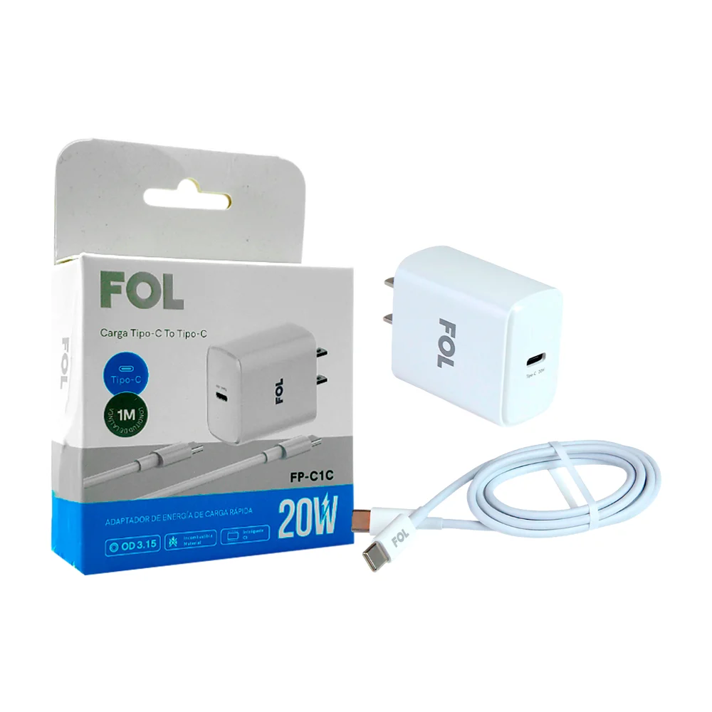 Combo cubo cargador con puerto tipo c + cable de 1m con entrada tipo c a tipo c, 20w / fp-c1c