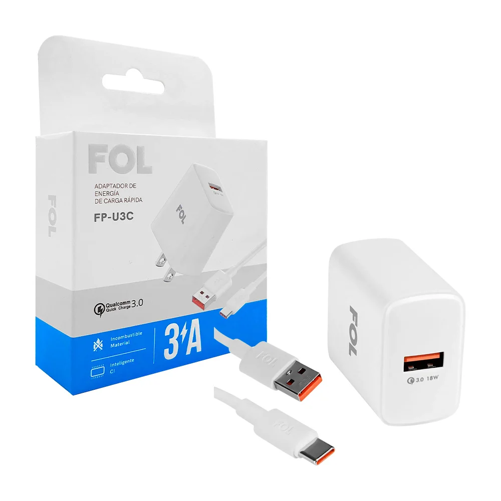 Combo cargador para carga rápida de 1 metro con entrada tipo C a USB / fp-u3c