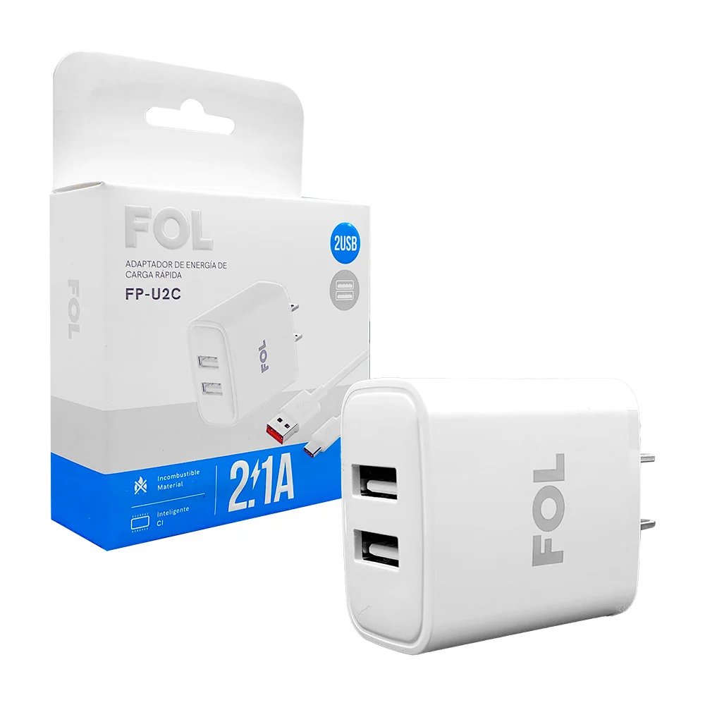Combo cubo cargador fol de carga rápida con 2 puertos usb + cable con entrada usb a tipo c, 2.1a / fp-u2c