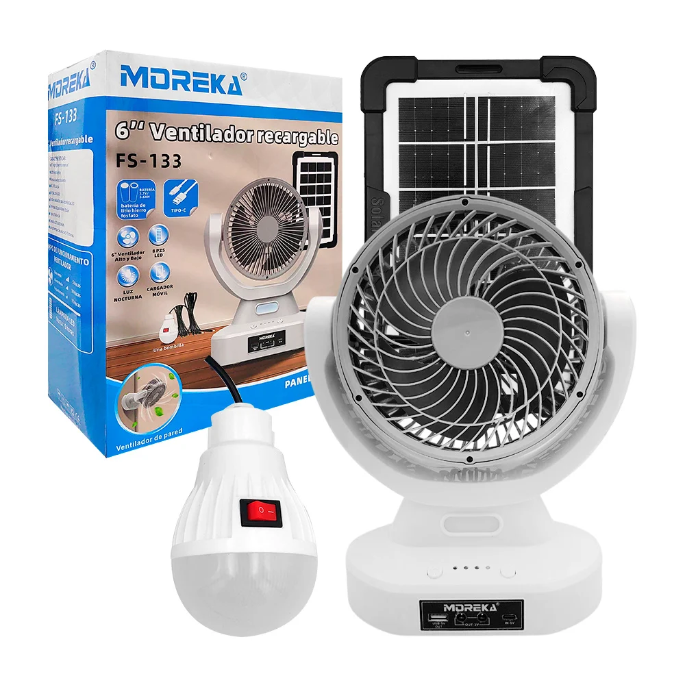 Ventilador moreka de 6 pulgadas, con entrada usb, tipo c, foco led, panel solar, y 3 velocidades, variedad de usos / 6v / 4w / fs-133
