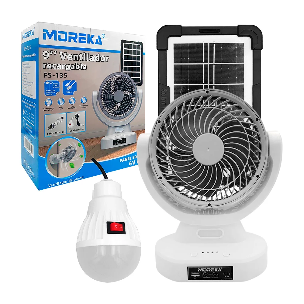 Ventilador moreka de 9 pulgadas, con entrada usb, tipo c, foco led, panel solar y 3 velocidades, variedad de usos / 6v / 6w / fs-135