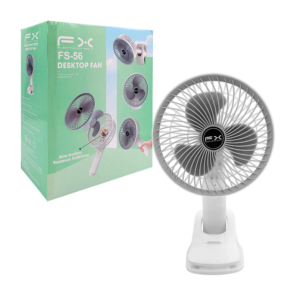 Ventilador de mano recargable con base tipo clip color blanco / desktop fan / fs-56