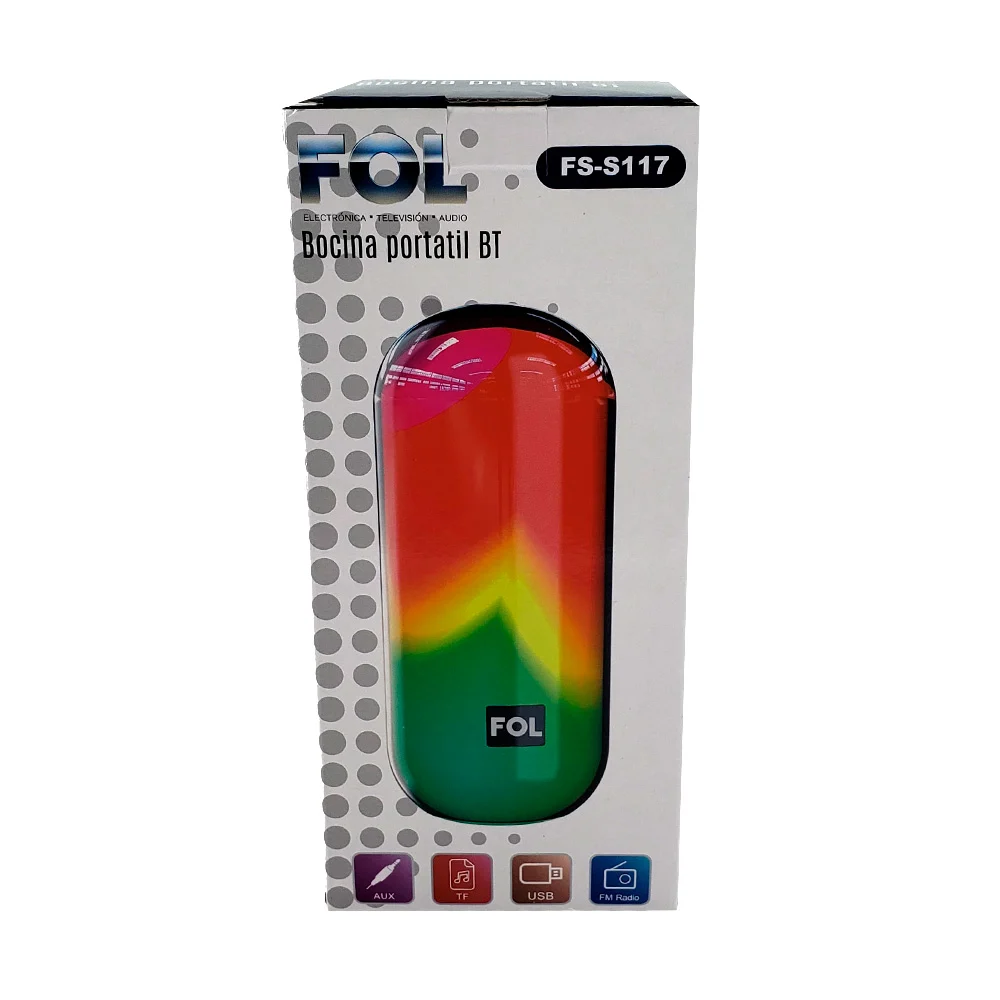 Bocina portátil fol 19cm con forma de cilindro y luces rgb, variedad de colores / fs-s117