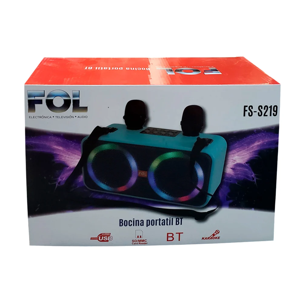 Bocina karaoke portátil con entrada USB y SD, luces, correa y 2 micrófonos inalámbricos / fs-s219