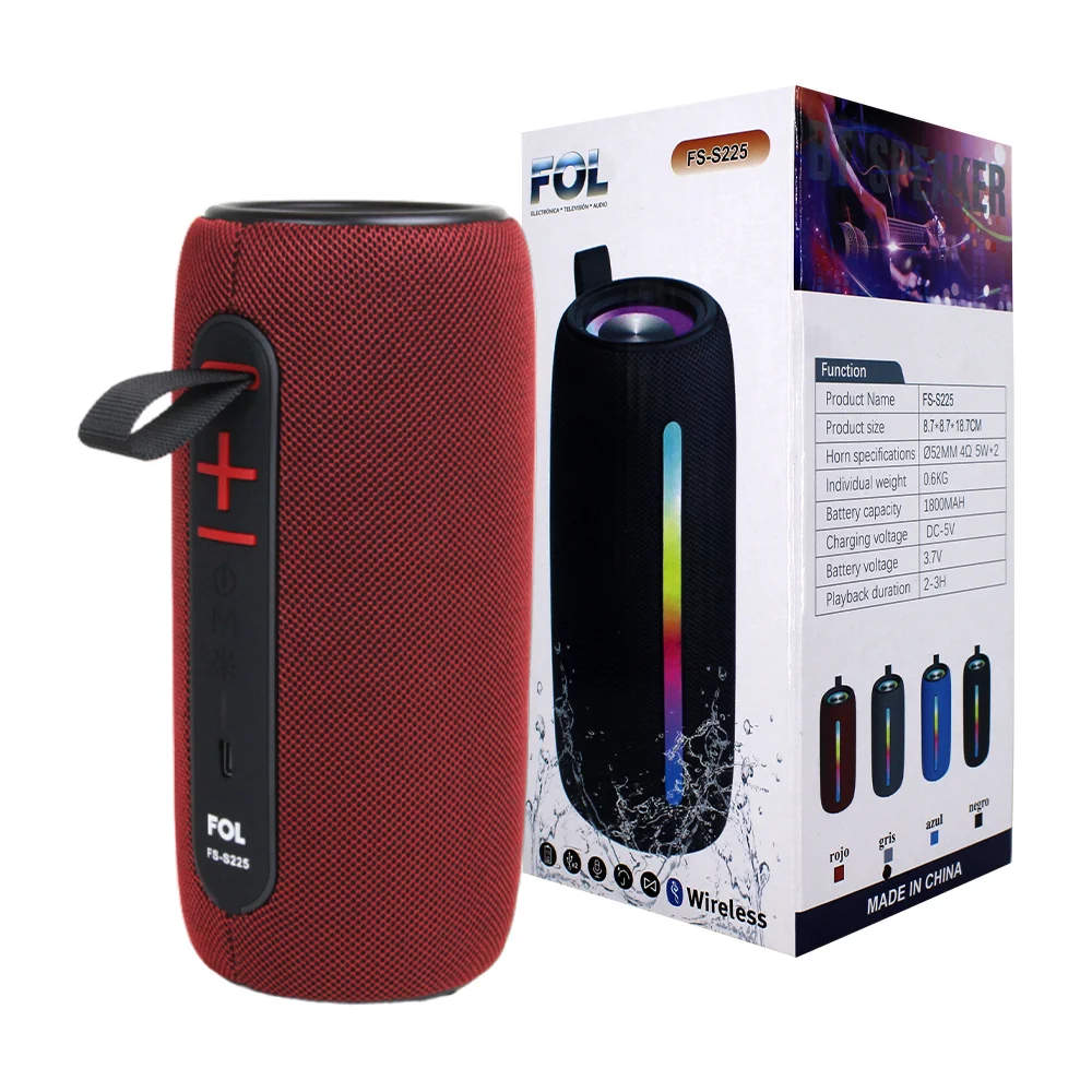 Bocina fol bluetooth portatil con forma de cilindro, protección contra salpicaduras, correa, luz rgb y ranura usb-c, variedad de colores / fs-s225